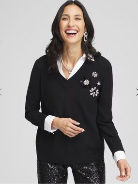 Chico's Black V-Neck Sweater with Jeweled Floral Embellishments